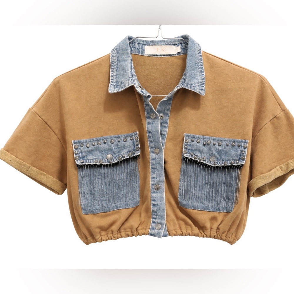 LC Lizette Cropped Western Jacket Fringe Denim Pockets Button Front